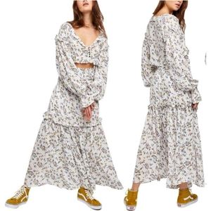 Free People Floral Set Long Sleeve Crop Top Ruffle Maxi Skirt Boho Cottage